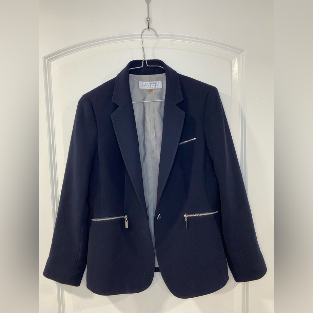Tahari Arthur S Levine Navy Blazer 4P Petite One Button Silver Zip Career Jacket - Picture 3 of 7